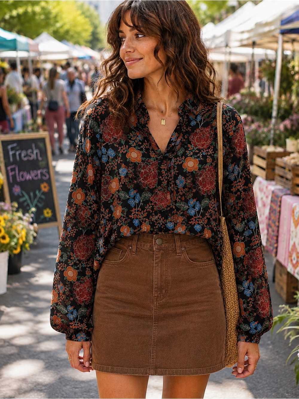 Zara Boho Black Floral Polyester Blouse With Sheer Sleeves Size XS